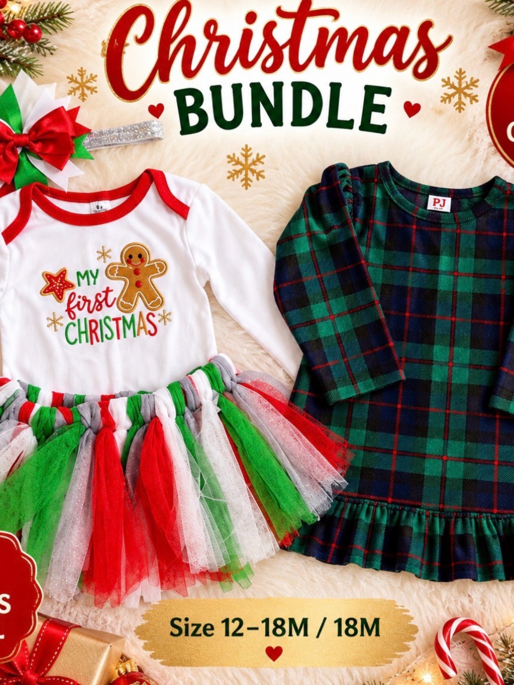 Baby Girl Christmas Bundle 12-18M My First Christmas Tutu PJ Place Plaid